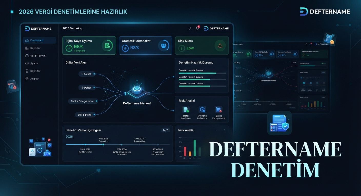 Deftername yüksek teknoloji dark mode paneli: Vergi denetimi ve dijital kayıt uyumu.