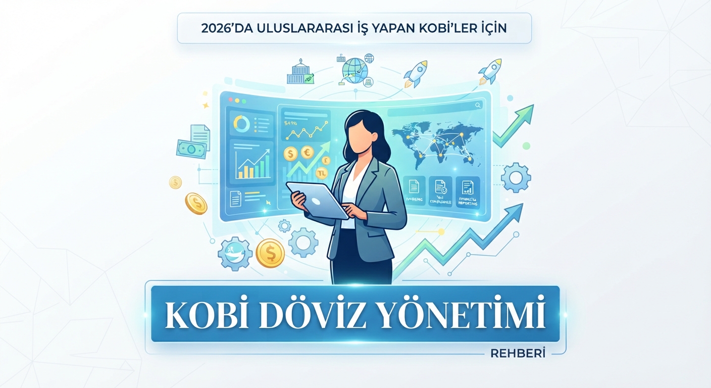 KOBİ Döviz Yönetimi rehberi. 2026 uluslararası iş için dijital muhasebe illüstrasyonu.