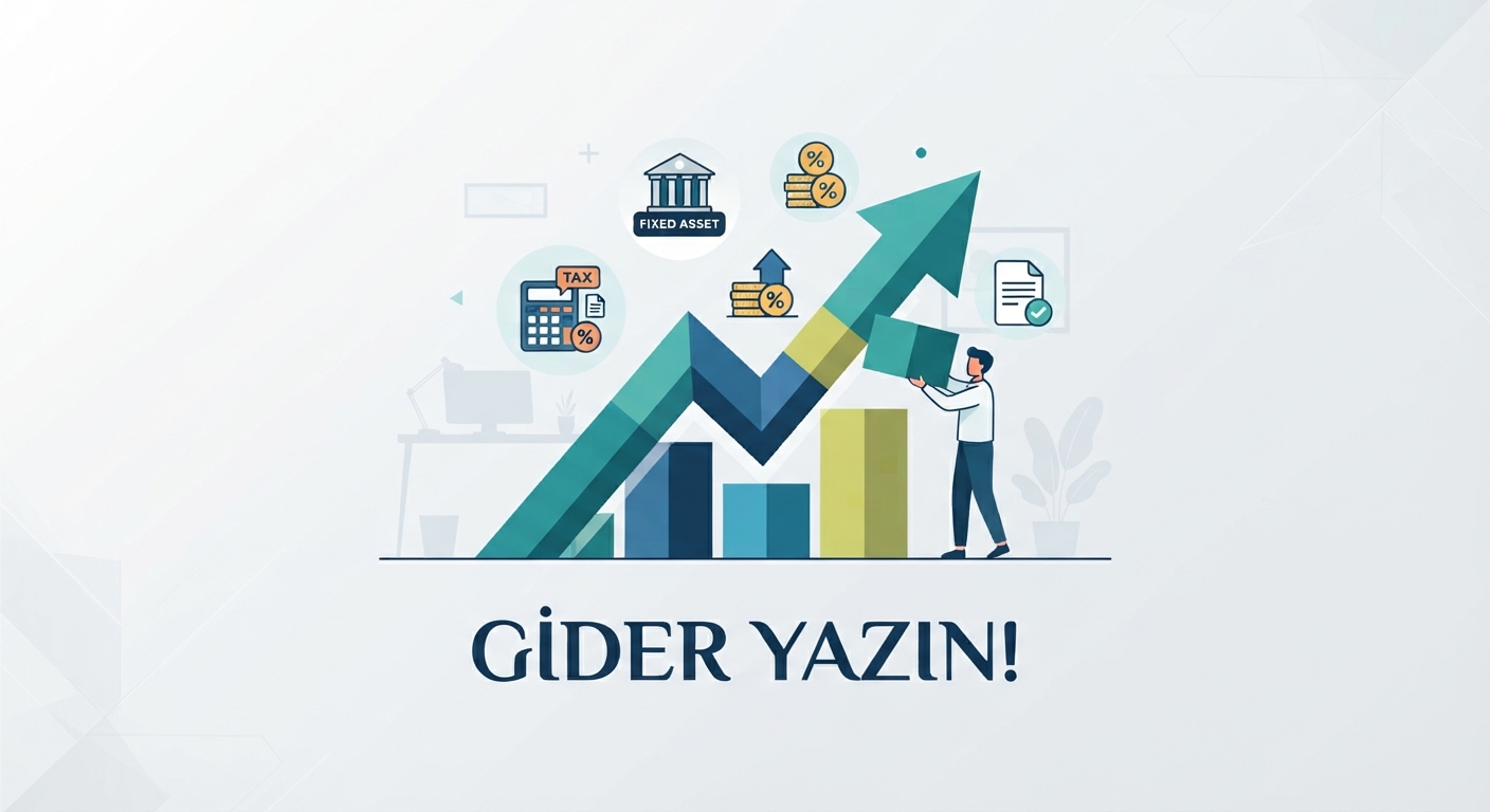 Modern minimalist iş grafiği: 'Gider Yazın' yazısıyla demirbaş amortisman ve gider yazma rehberi.