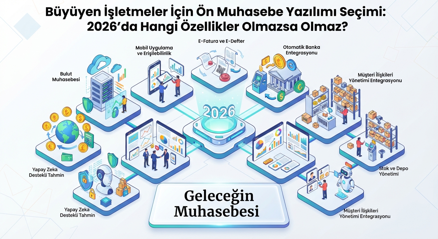 Isometric illüstrasyon: Büyüyen işletmeler için 2026 ön muhasebe yazılımı seçimi.