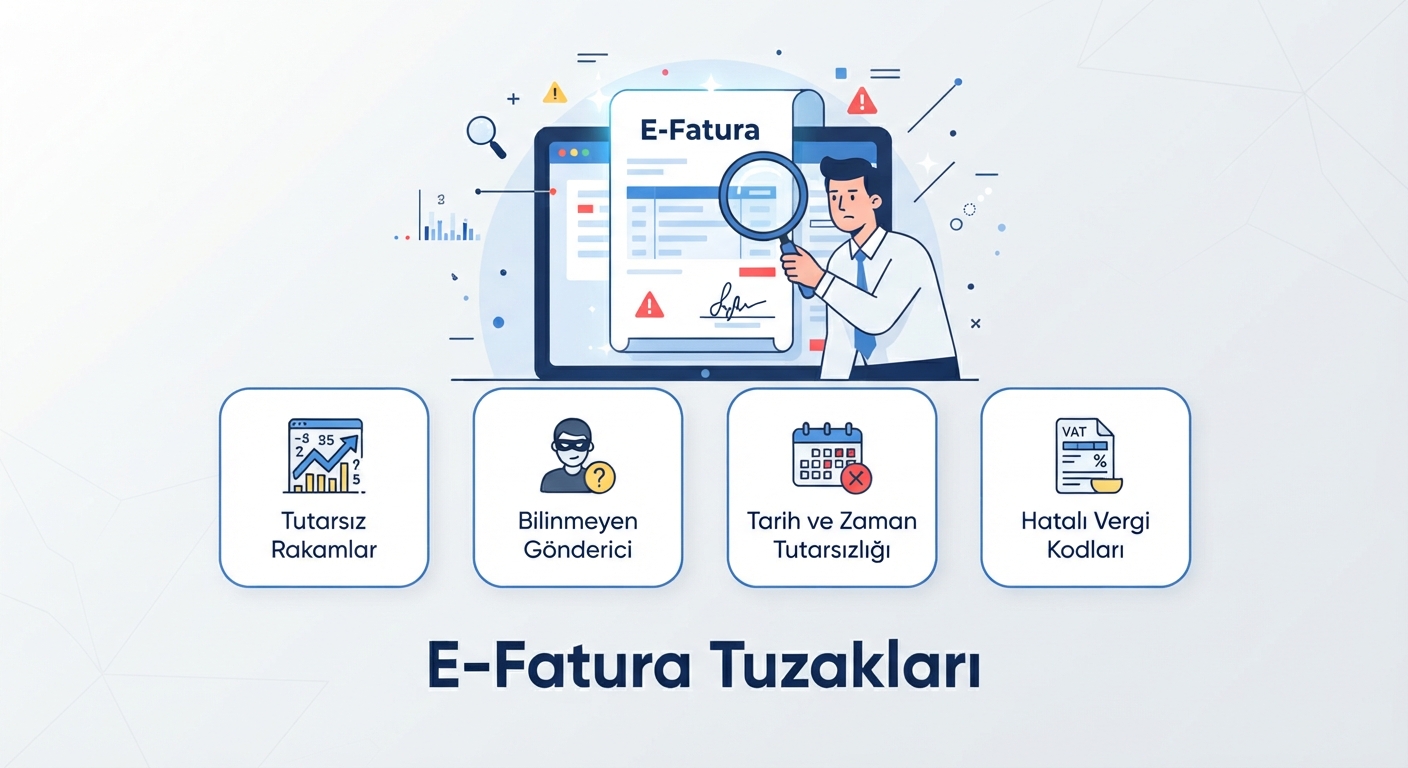 Modern minimalist iş illüstrasyonu: E-fatura tuzakları ve şüpheli detaylar kontrolü.