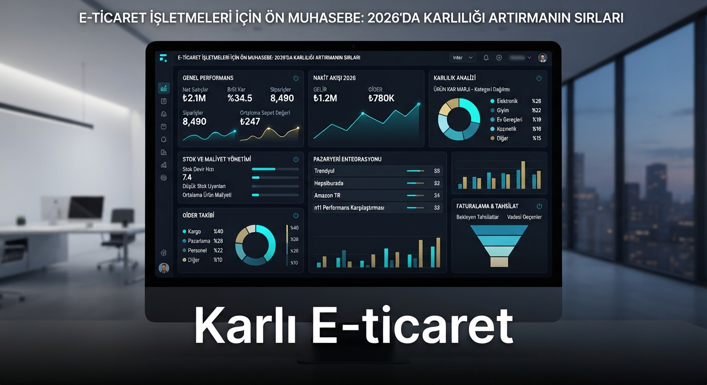 Karlı e-ticaret için high-tech dark mode ön muhasebe panosu. 2026 finans yönetimi.