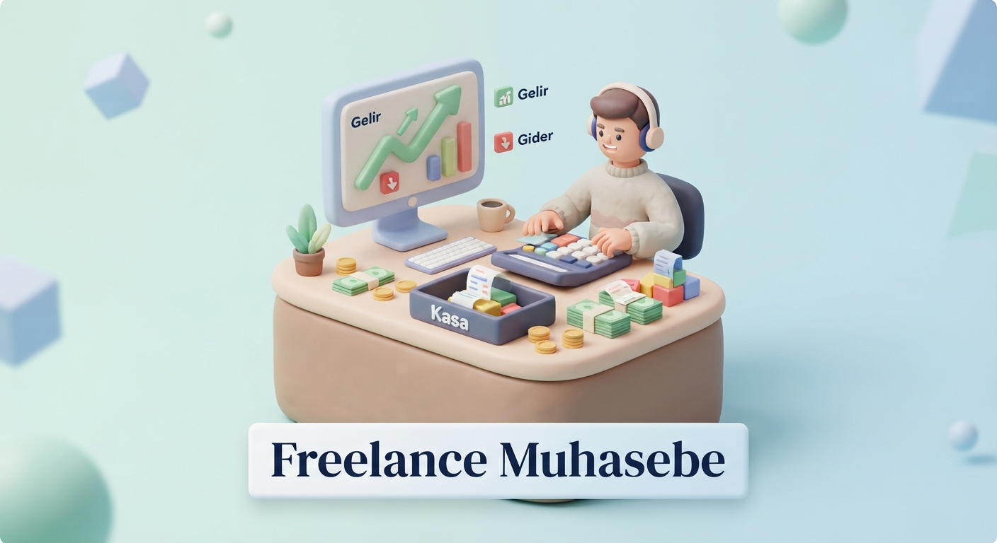 Freelancerlar için ön muhasebe rehberi: gelir gider yönetimi. 3D kil stilinde minimalist görsel.