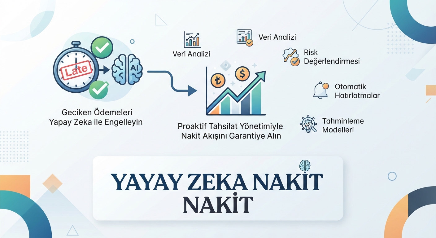 Yapay zeka ile nakit akışı yönetimi. Gecikmiş ödemeleri engelleyen proaktif tahsilat infografiği.