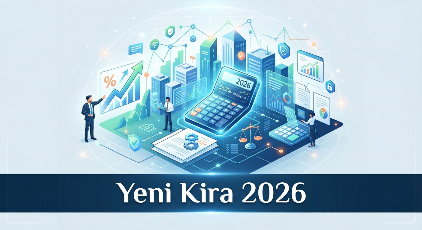 2026 işyeri kira artış oranı hesaplama, yeni düzenlemeler. Teknoloji temalı dijital vektör.