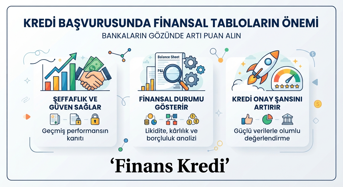 Kredi başvurusunda finansal tabloların önemi. Profesyonel iş infografiği.