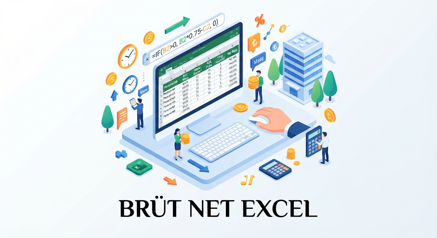Canlı, izometrik illüstrasyon: Brüt net Excel maaş ve mesai hesaplama formülleri.