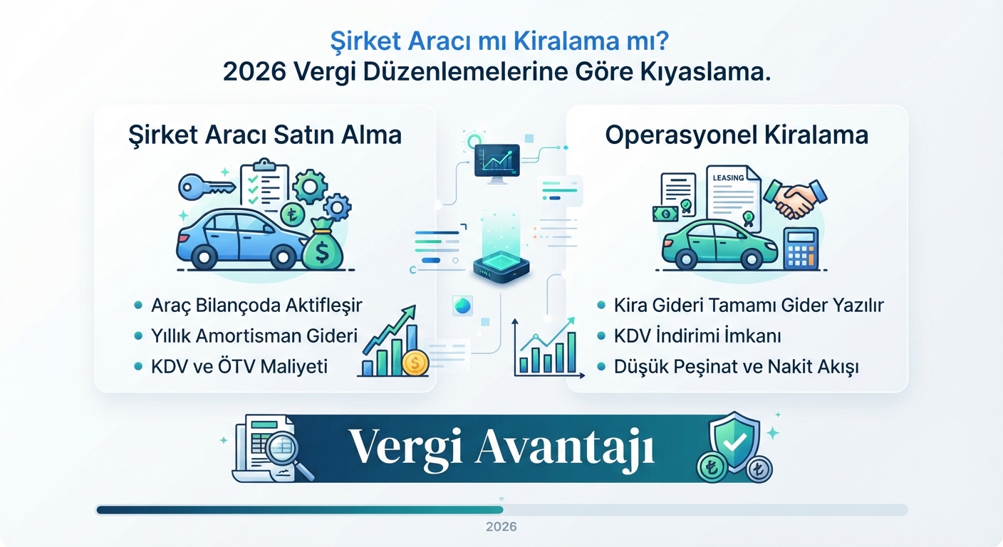 2026 vergi avantajı: Şirket aracı ve kiralama kıyaslaması. Kurumsal dijital illüstrasyon.