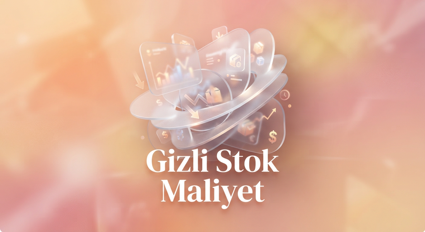 Stok takibi yapmamanın işletmeye gizli maliyetini simgeleyen, glassmorphic pastel kapak görseli.
