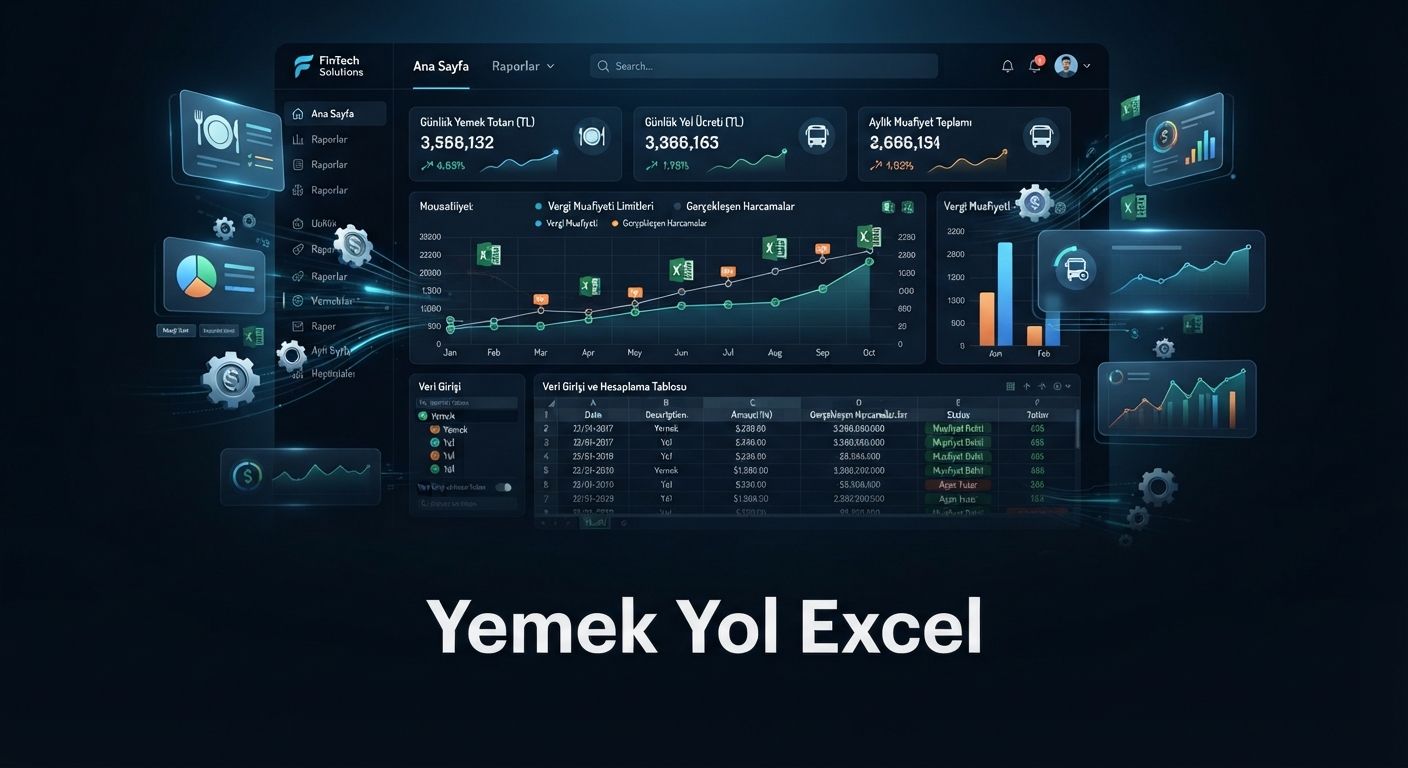 High-tech dark mode arayüzlü yemek ve yol Excel hesaplayıcı dashboard.